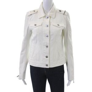 BCBG Max Azria Womens Military Biker Jacket White Cotton-Faux Leather Size S